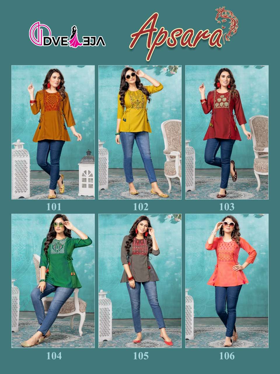 Dveeja-Apsara Vol 1-Fancy-Rayon-Dobby-Embroidery-Work-Side-Dori-Short-Tops-Collage